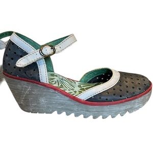 Fly London Womens Ying Sandal 8 Blue Leather Wedge Platform Mary Jane Shoe